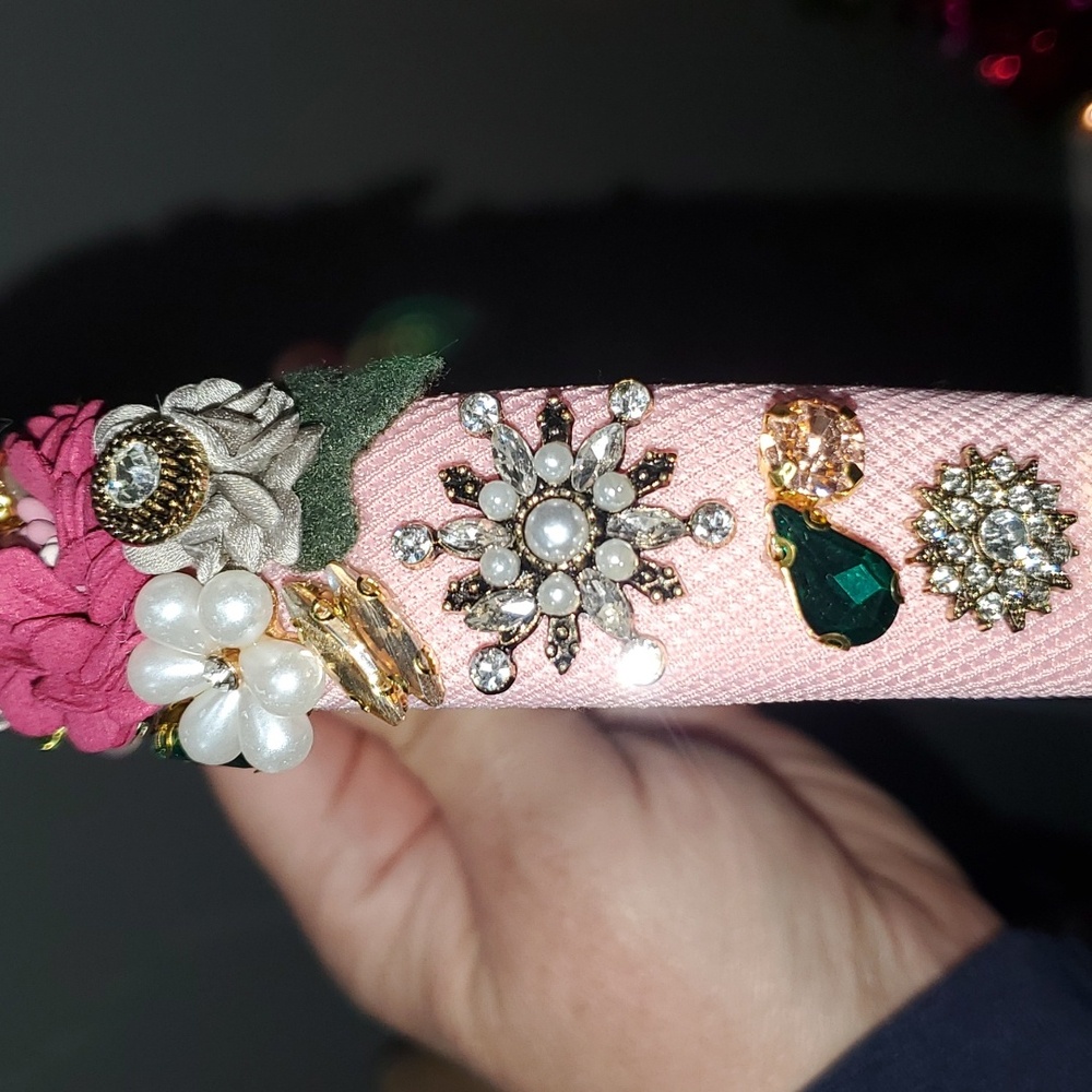 New handmade boutique luxury rhinestone floral fancy mid-wide flexible headband - Picture 6 of 8